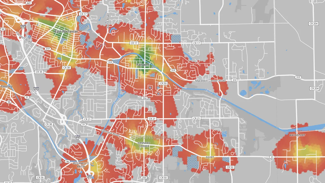 Walk Grade map of 14450, NY, walkable areas in green and car-dependent areas in red