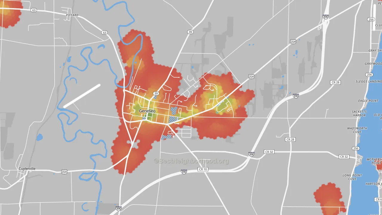 Walk Grade map of 14454, NY, walkable areas in green and car-dependent areas in red