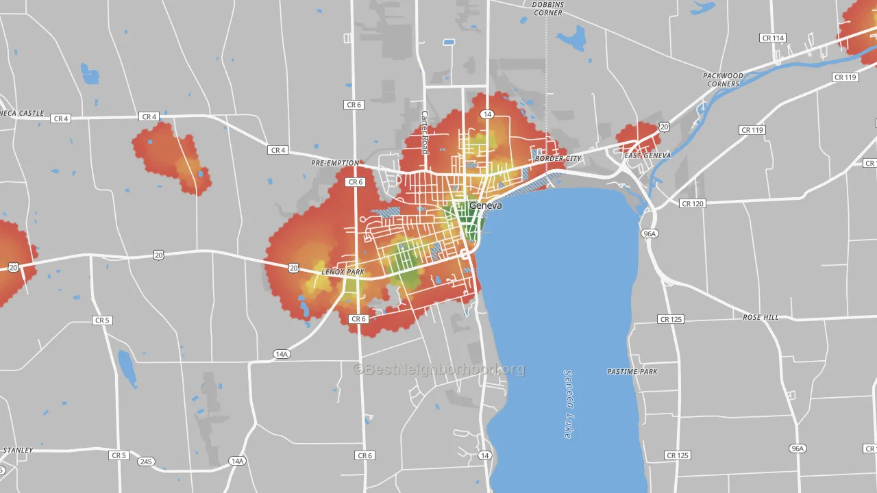 Walk Grade map of 14456, NY, walkable areas in green and car-dependent areas in red
