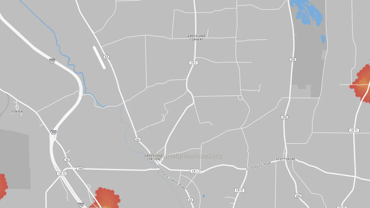 Walk Grade map of 14462, NY, walkable areas in green and car-dependent areas in red