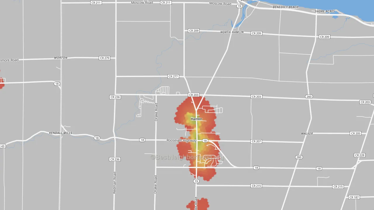 Walk Grade map of 14464, NY, walkable areas in green and car-dependent areas in red