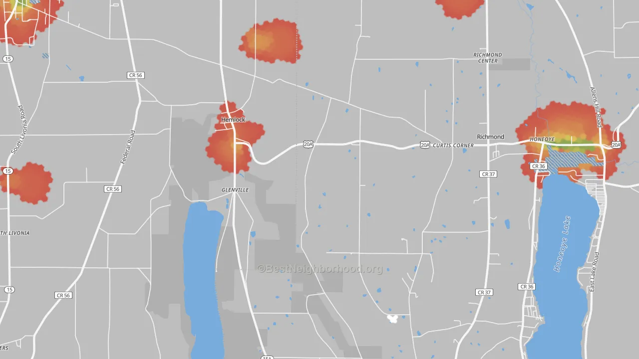 Walk Grade map of 14466, NY, walkable areas in green and car-dependent areas in red