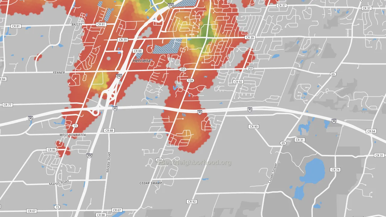 Walk Grade map of 14467, NY, walkable areas in green and car-dependent areas in red