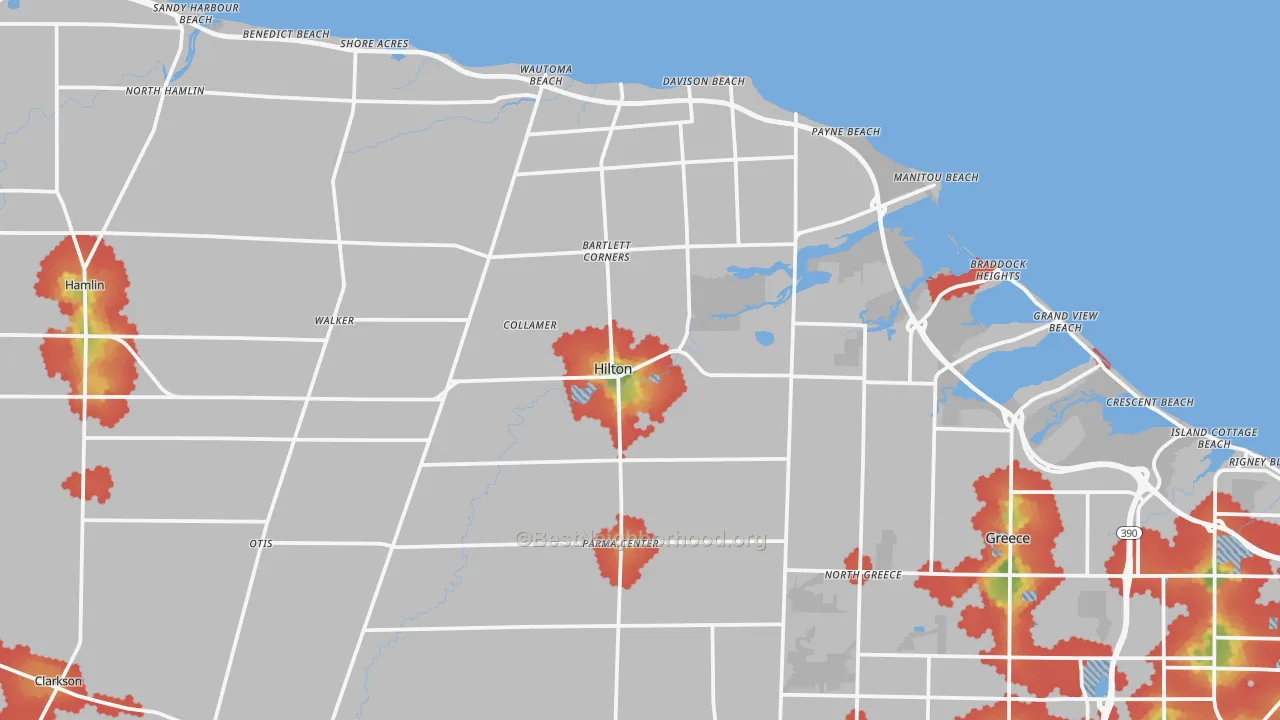Walk Grade map of 14468, NY, walkable areas in green and car-dependent areas in red