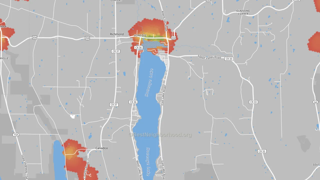 Walk Grade map of 14471, NY, walkable areas in green and car-dependent areas in red