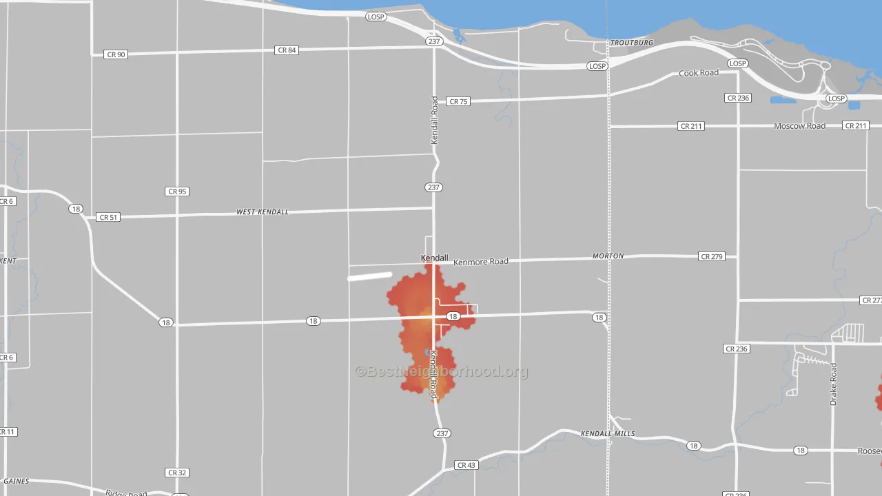 Walk Grade map of 14476, NY, walkable areas in green and car-dependent areas in red