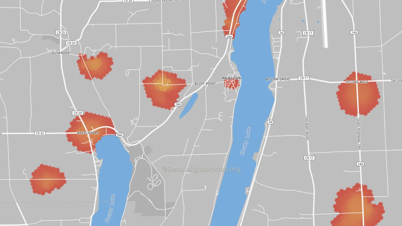 Walk Grade map of 14478, NY, walkable areas in green and car-dependent areas in red