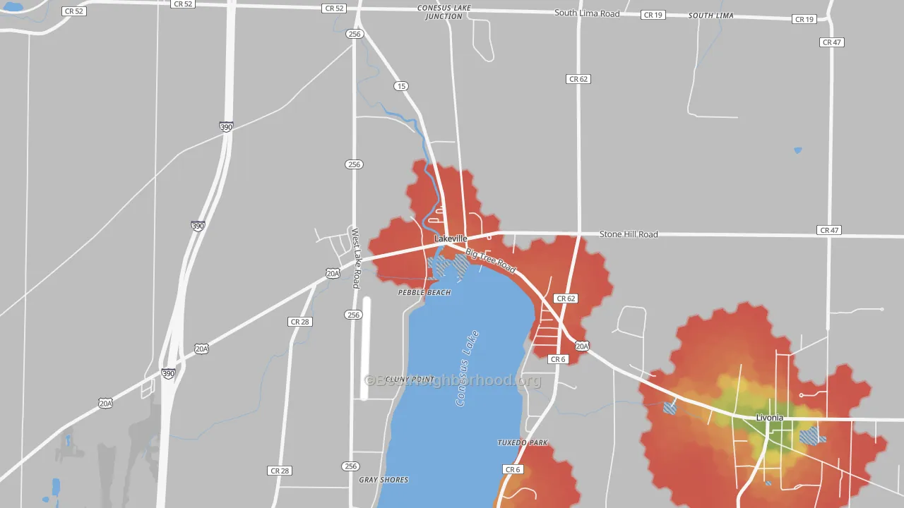 Walk Grade map of 14480, NY, walkable areas in green and car-dependent areas in red