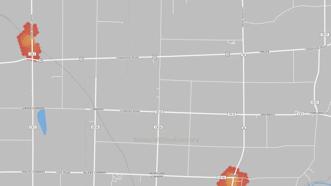 Walk Grade map of 14486, NY, walkable areas in green and car-dependent areas in red