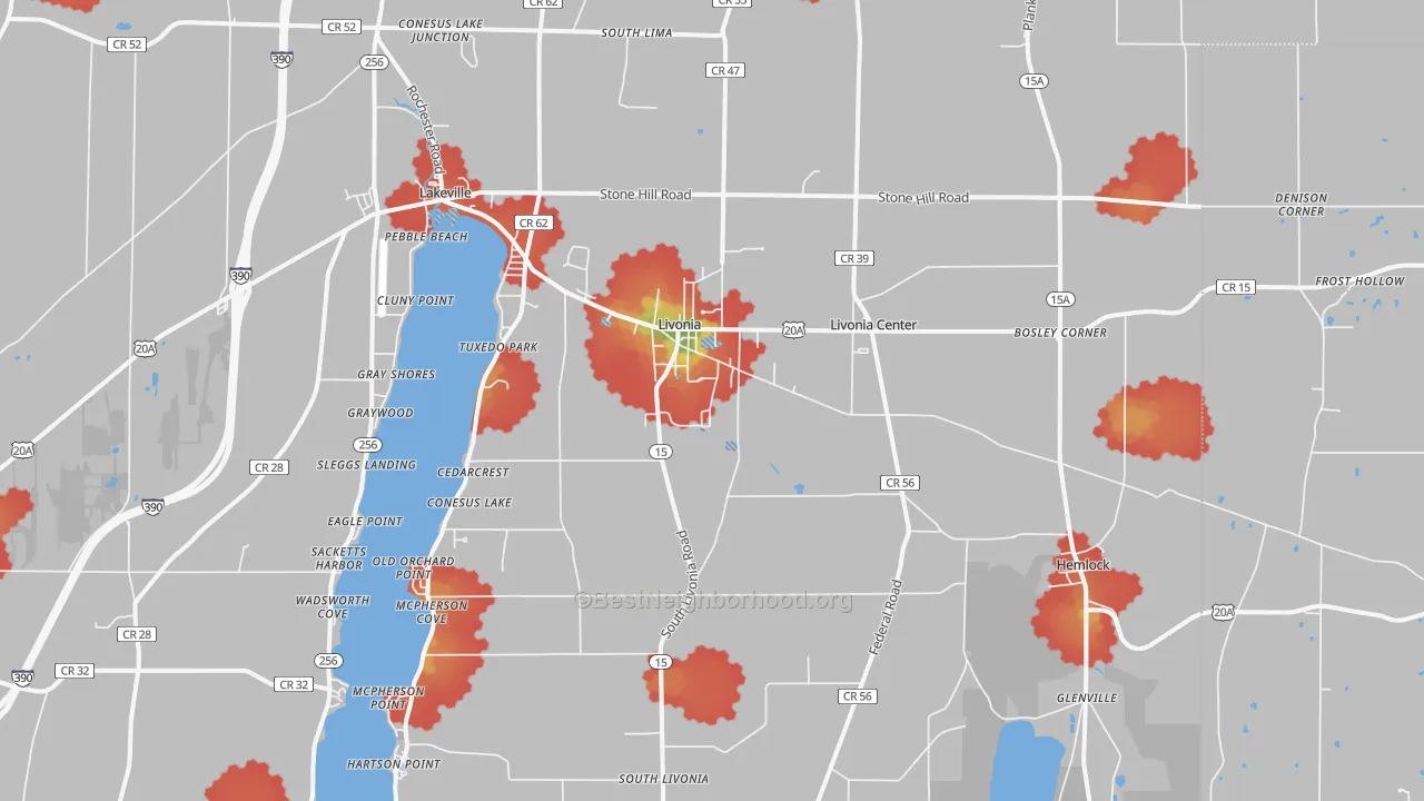 Walk Grade map of 14487, NY, walkable areas in green and car-dependent areas in red