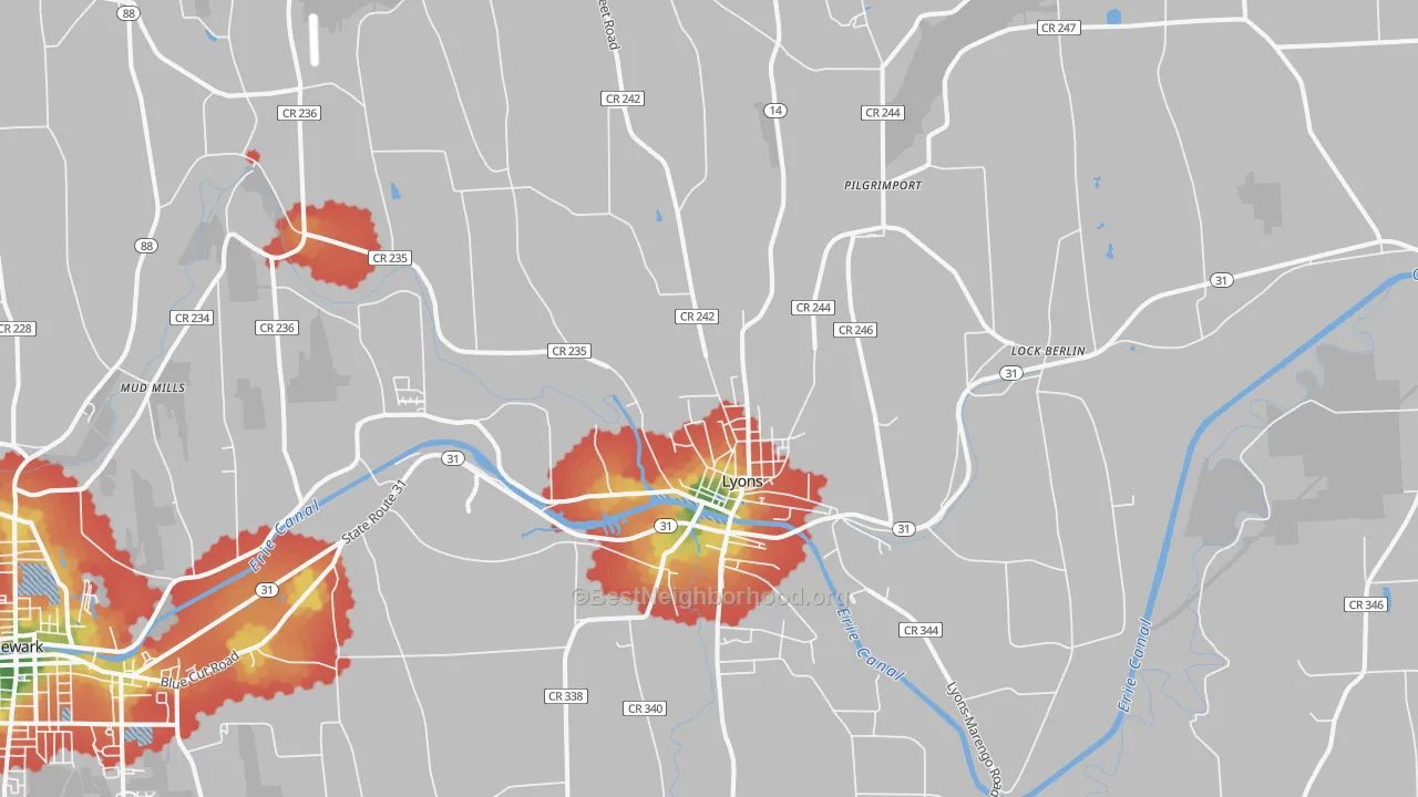 Walk Grade map of 14489, NY, walkable areas in green and car-dependent areas in red