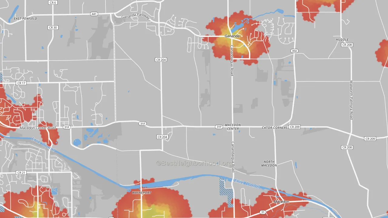 Walk Grade map of 14502, NY, walkable areas in green and car-dependent areas in red