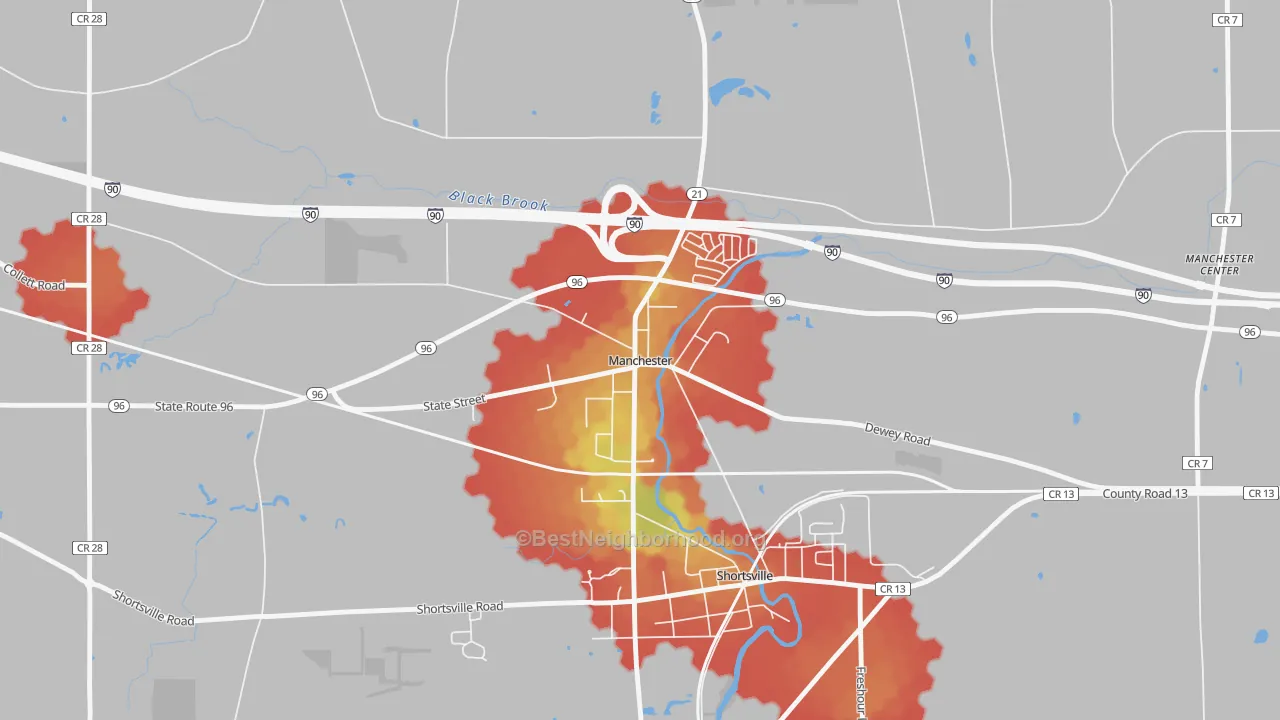 Walk Grade map of 14504, NY, walkable areas in green and car-dependent areas in red