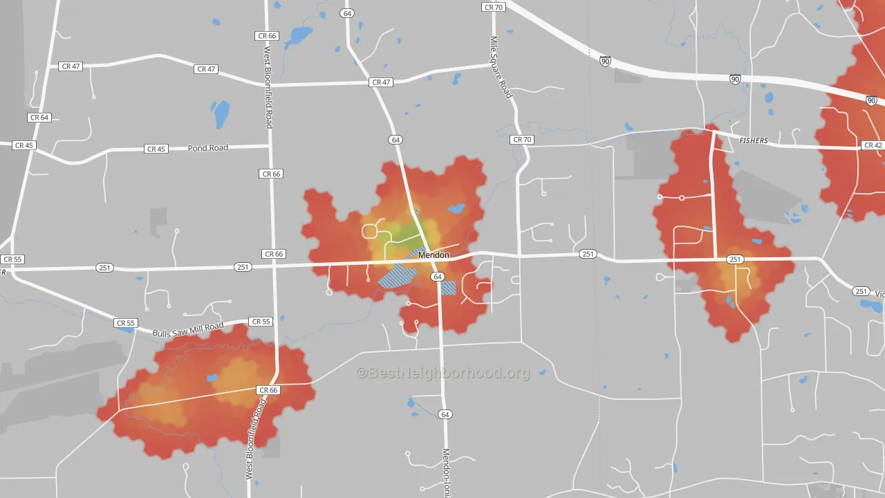 Walk Grade map of 14506, NY, walkable areas in green and car-dependent areas in red