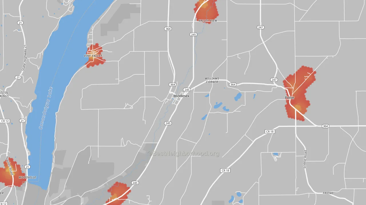 Walk Grade map of 14507, NY, walkable areas in green and car-dependent areas in red
