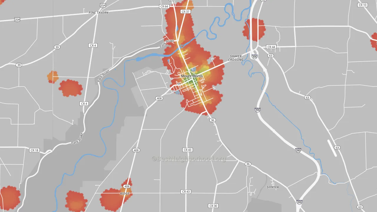 Walk Grade map of 14510, NY, walkable areas in green and car-dependent areas in red