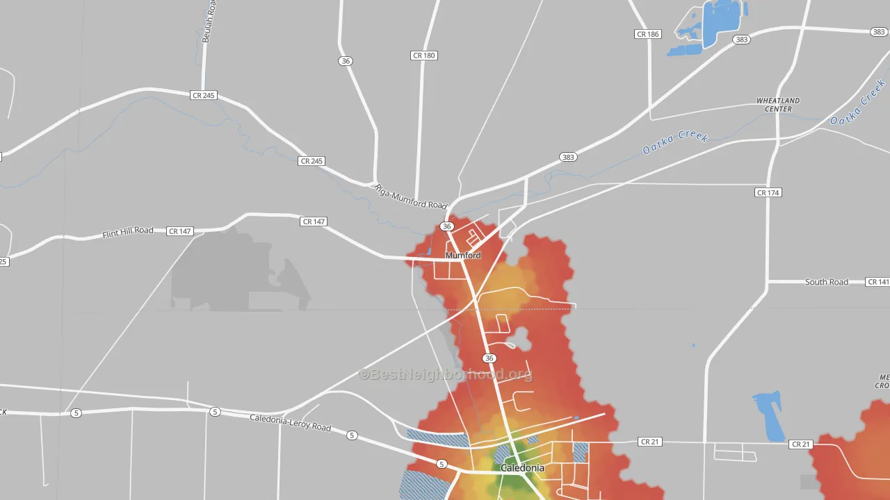 Walk Grade map of 14511, NY, walkable areas in green and car-dependent areas in red