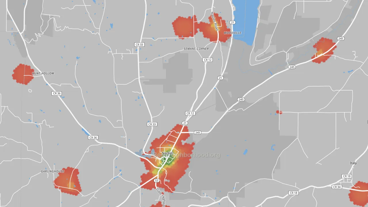 Walk Grade map of 14512, NY, walkable areas in green and car-dependent areas in red