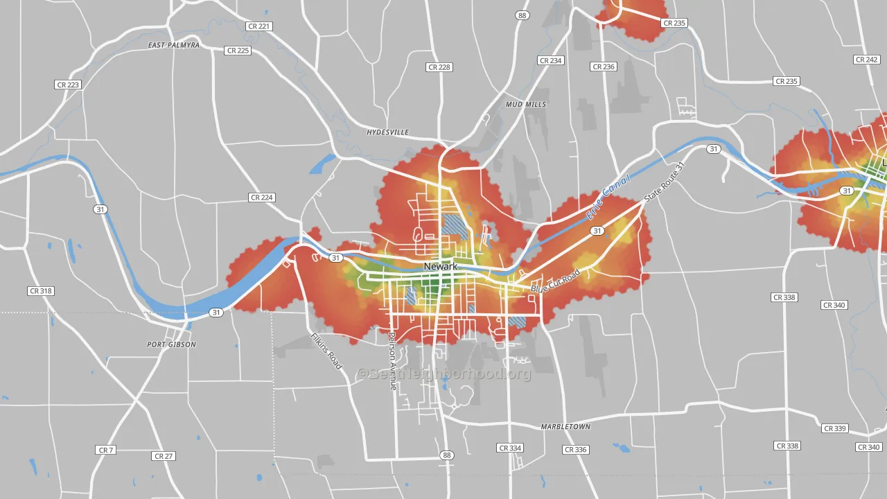 Walk Grade map of 14513, NY, walkable areas in green and car-dependent areas in red