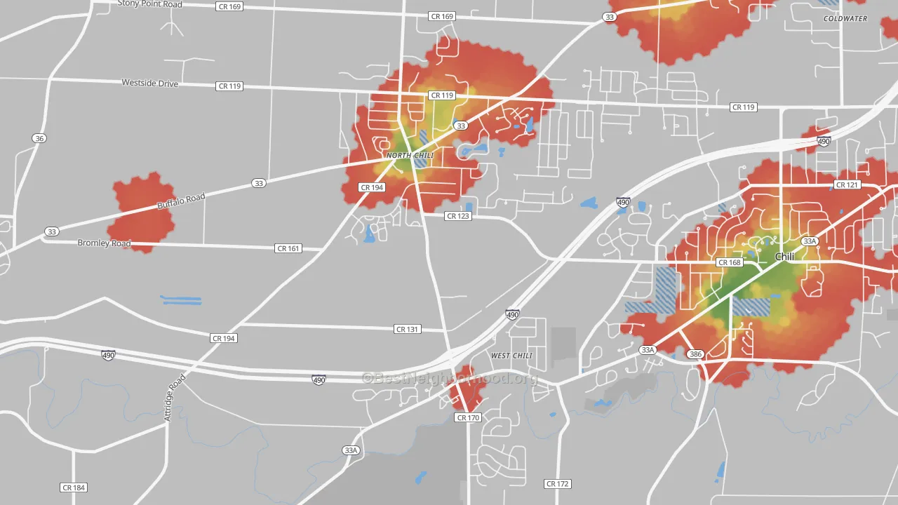 Walk Grade map of 14514, NY, walkable areas in green and car-dependent areas in red
