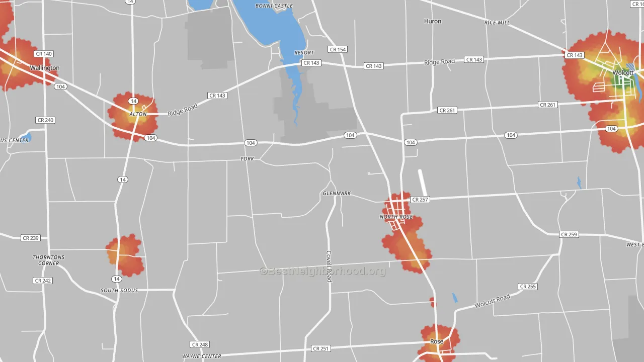 Walk Grade map of 14516, NY, walkable areas in green and car-dependent areas in red