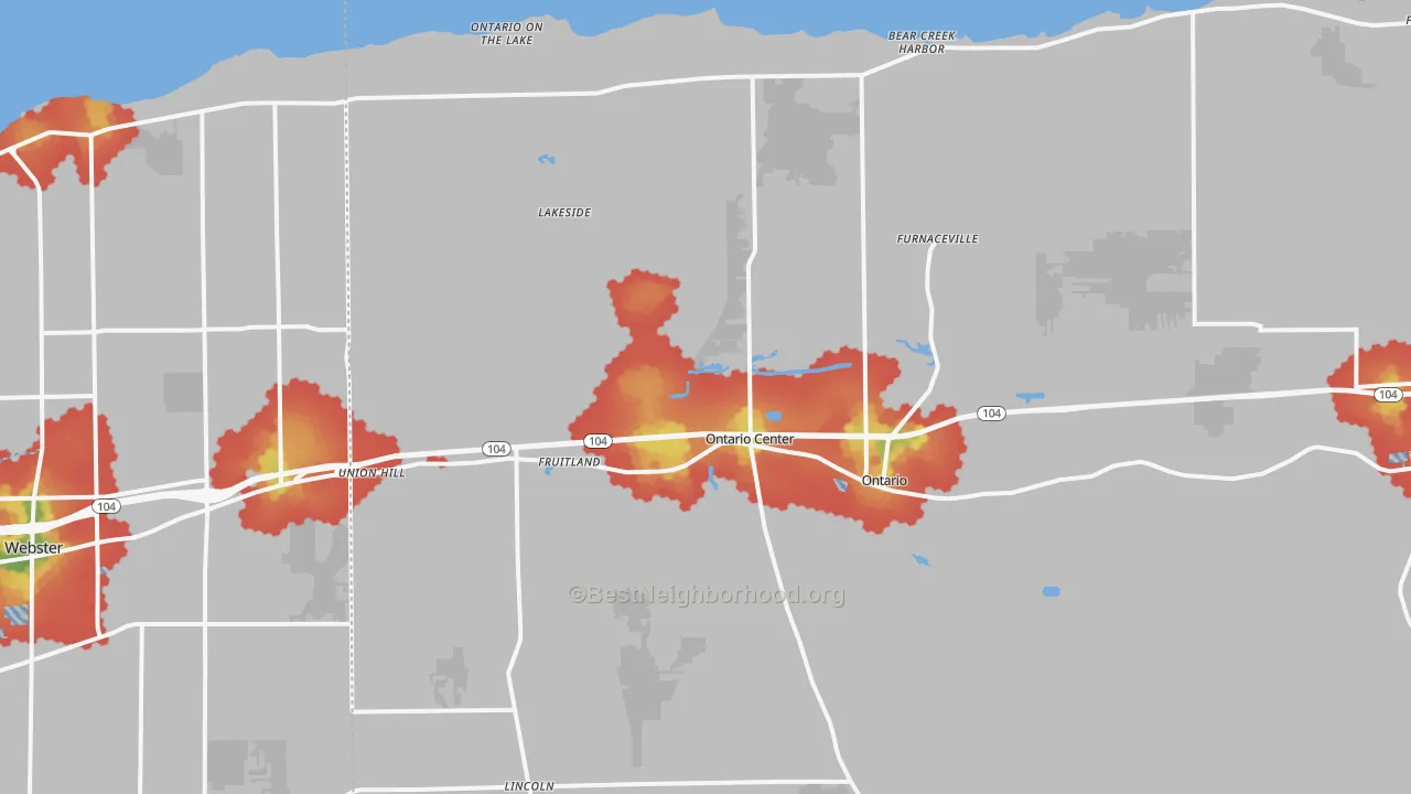 Walk Grade map of 14519, NY, walkable areas in green and car-dependent areas in red