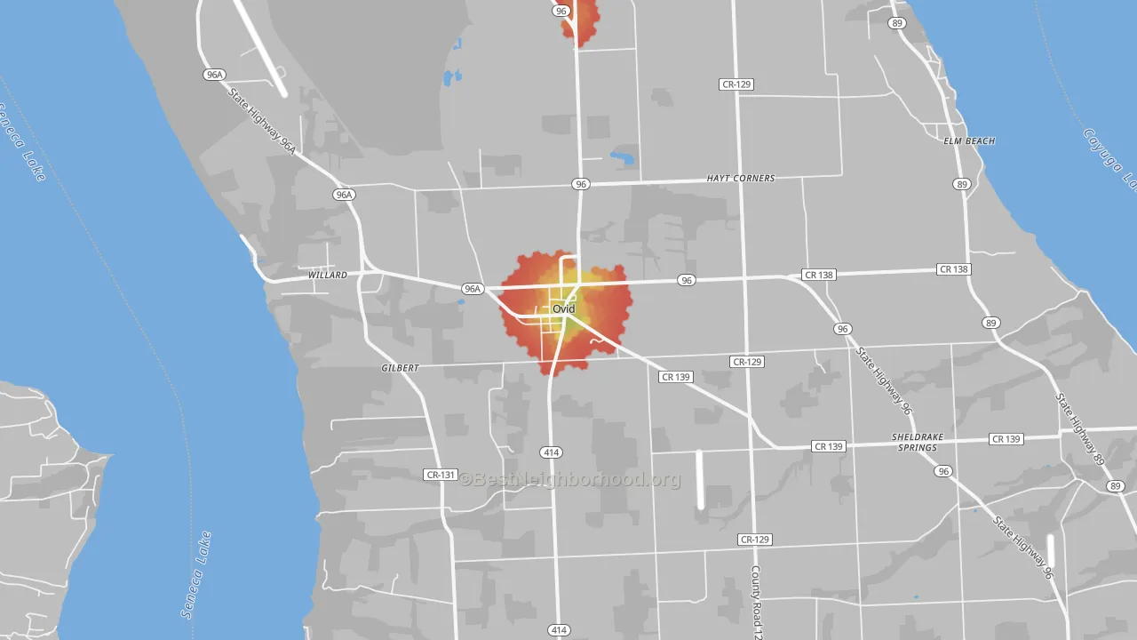 Walk Grade map of 14521, NY, walkable areas in green and car-dependent areas in red