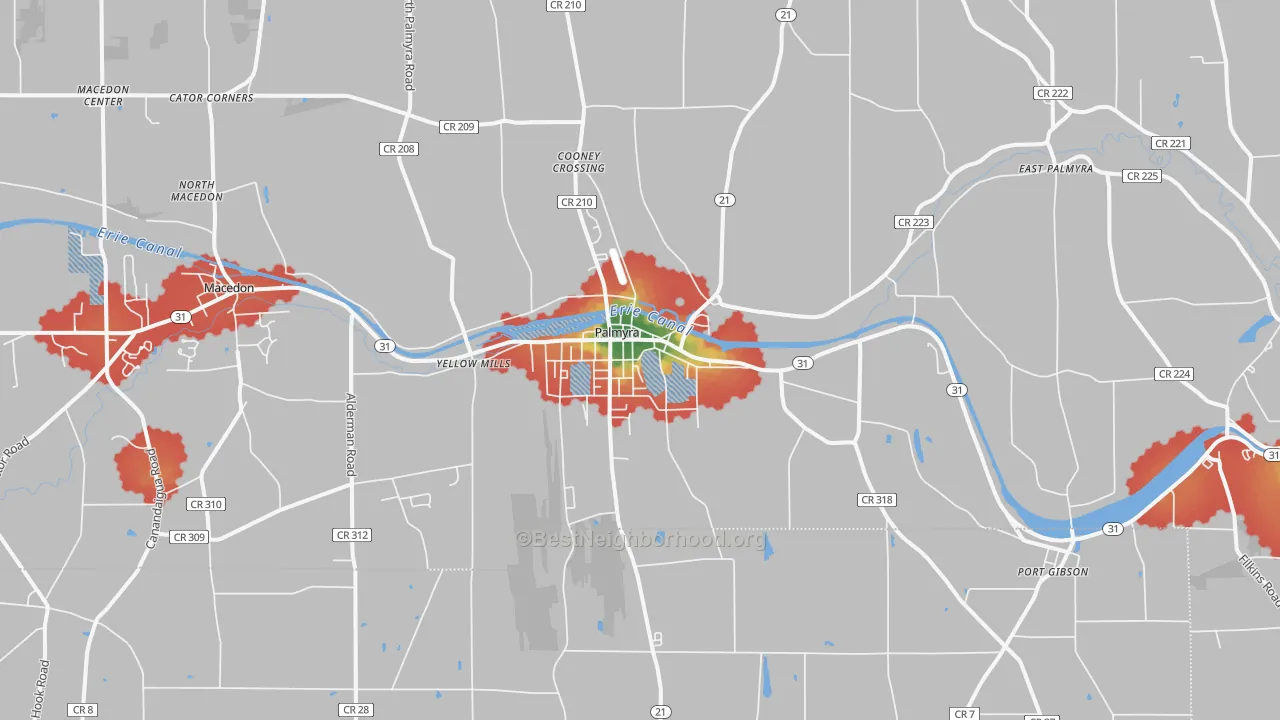 Walk Grade map of 14522, NY, walkable areas in green and car-dependent areas in red