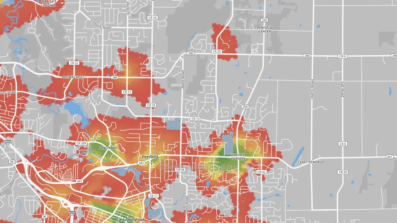 Walk Grade map of 14526, NY, walkable areas in green and car-dependent areas in red