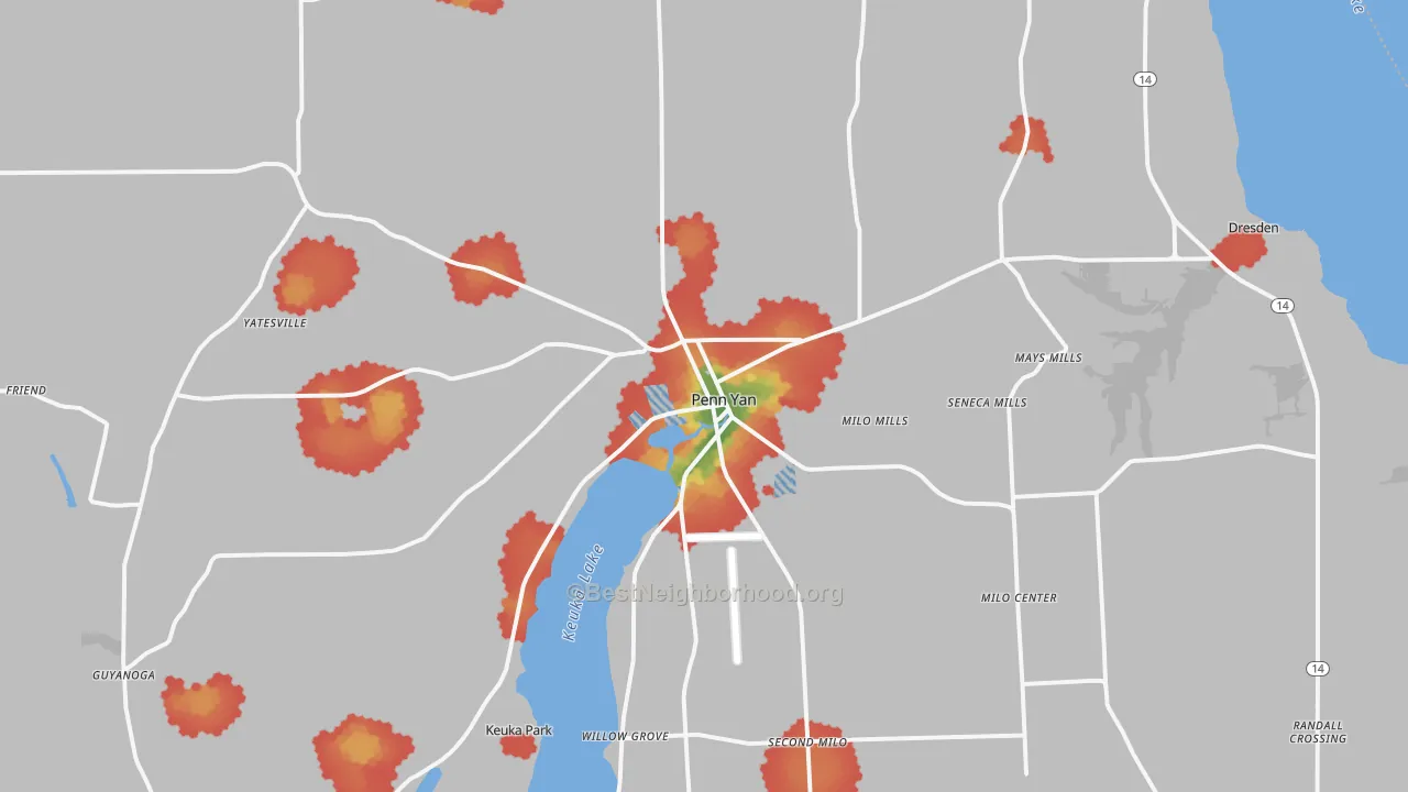 Walk Grade map of 14527, NY, walkable areas in green and car-dependent areas in red