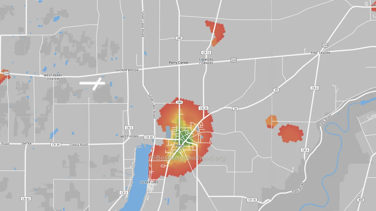 Walk Grade map of 14530, NY, walkable areas in green and car-dependent areas in red