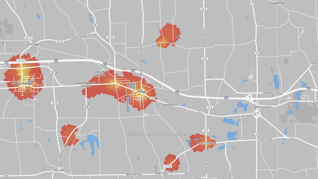 Walk Grade map of 14532, NY, walkable areas in green and car-dependent areas in red
