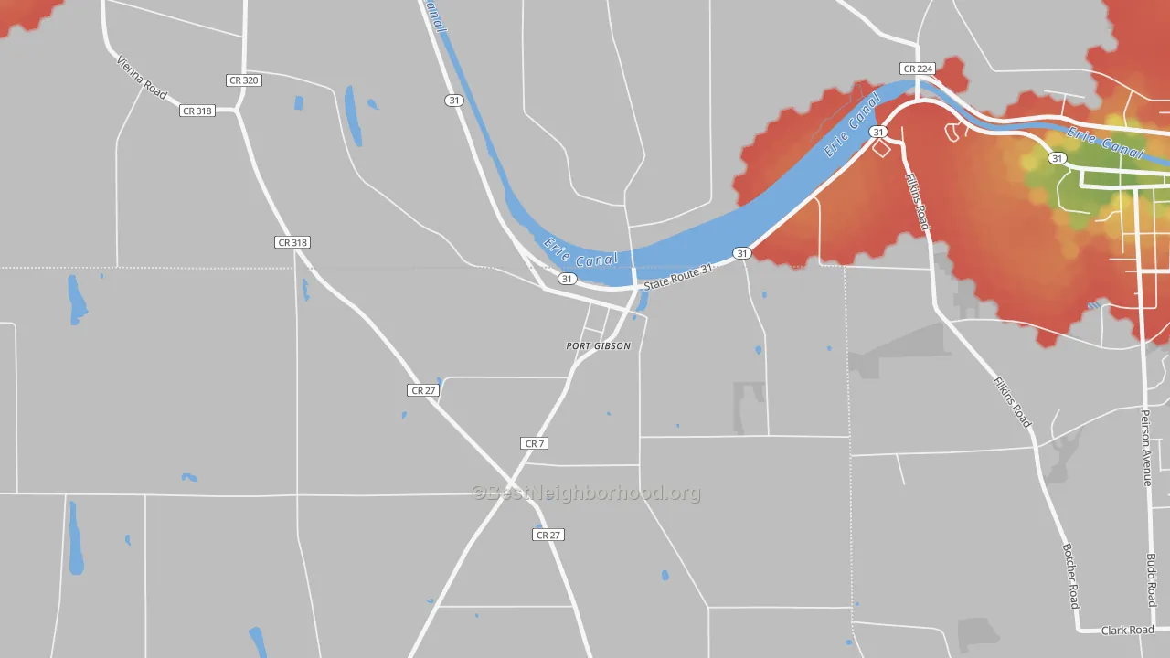 Walk Grade map of 14537, NY, walkable areas in green and car-dependent areas in red