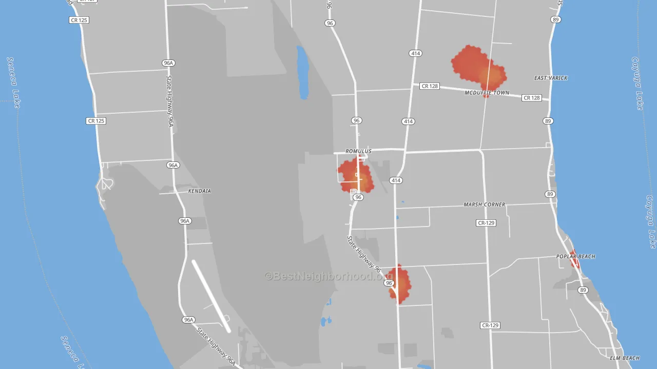 Walk Grade map of 14541, NY, walkable areas in green and car-dependent areas in red
