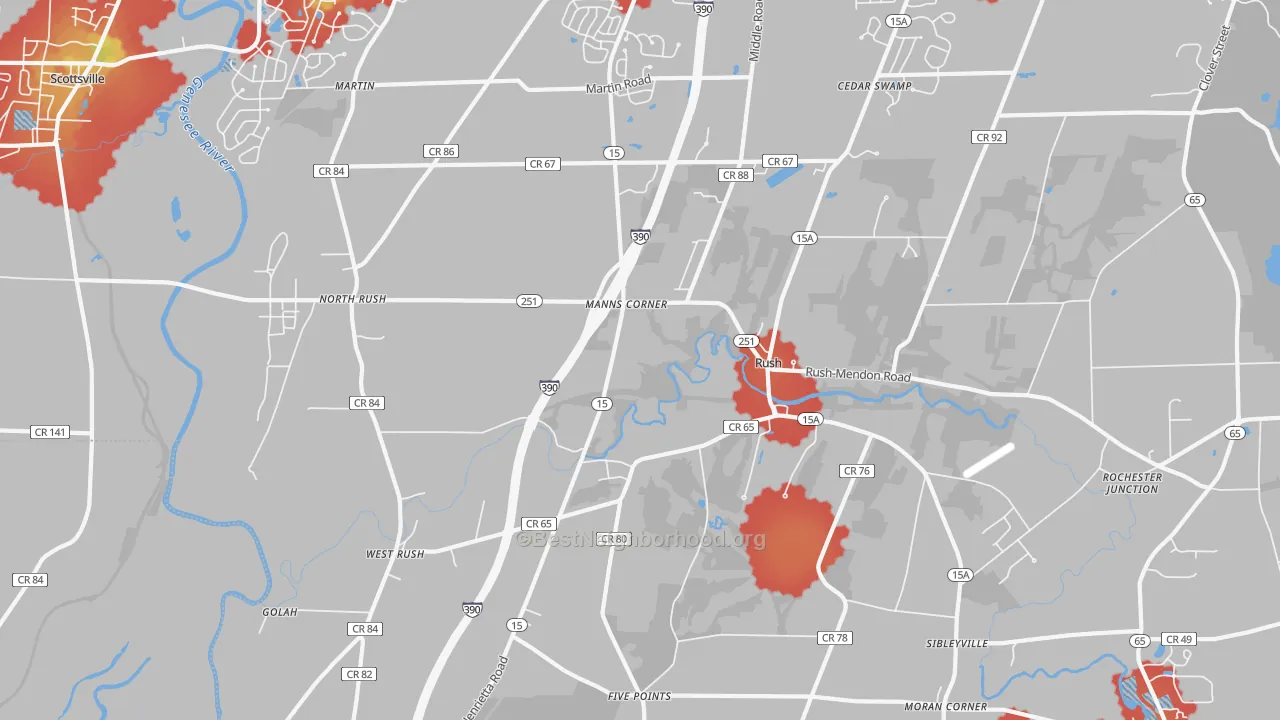 Walk Grade map of 14543, NY, walkable areas in green and car-dependent areas in red
