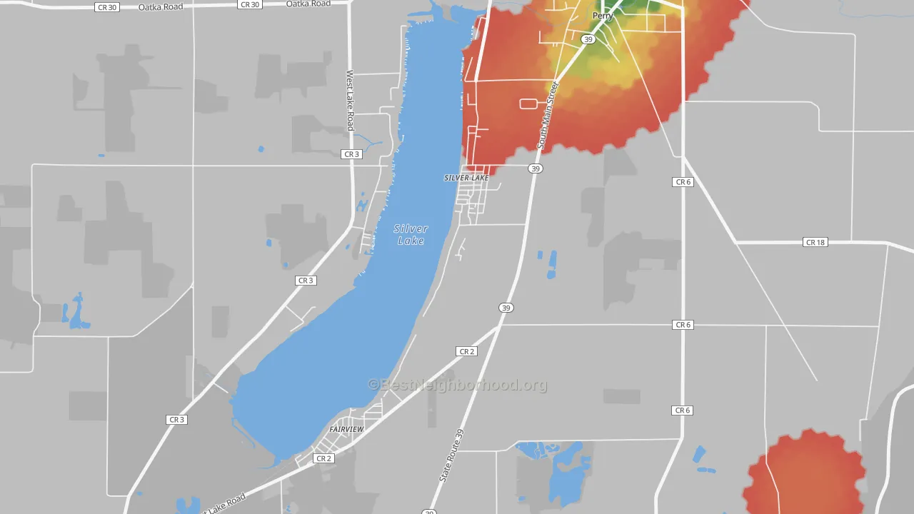 Walk Grade map of 14549, NY, walkable areas in green and car-dependent areas in red