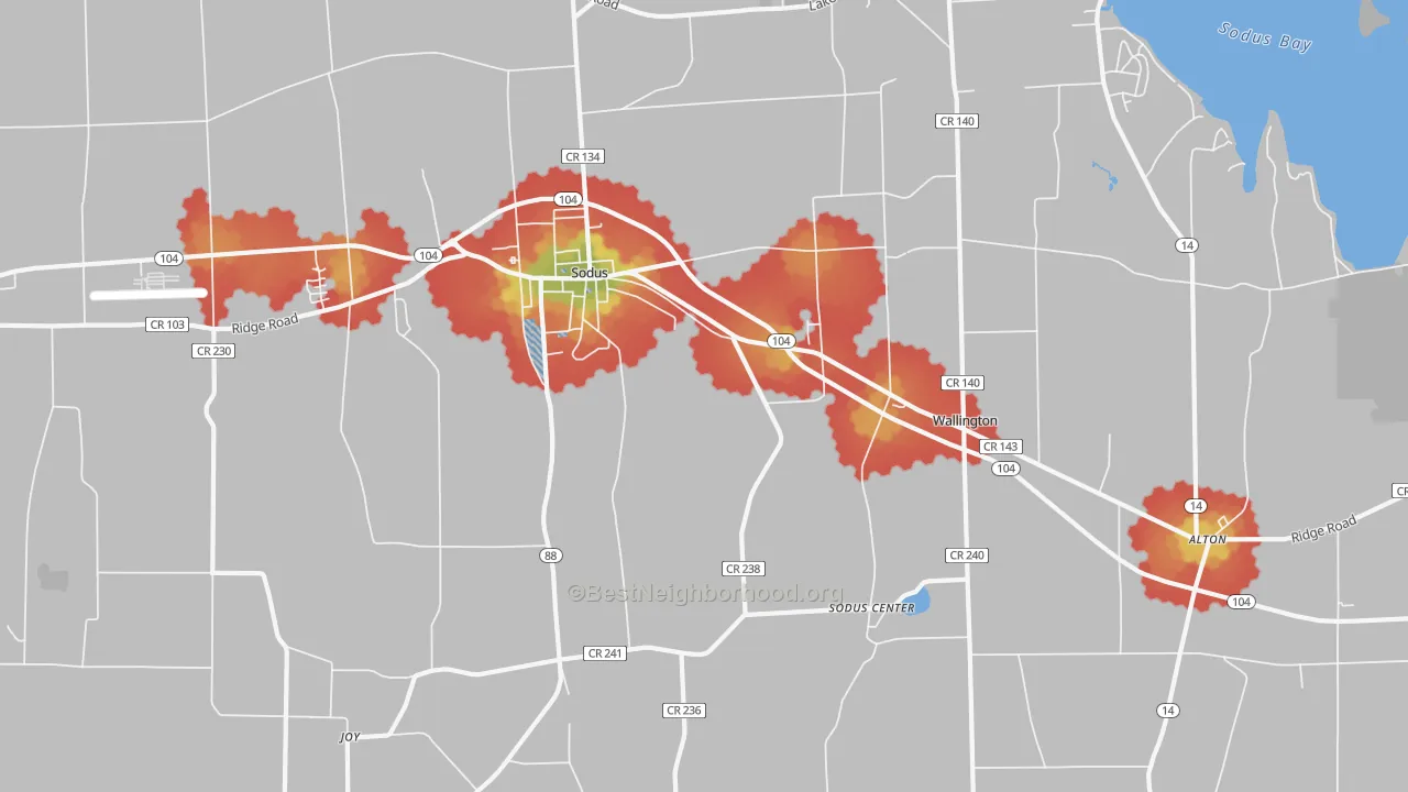 Walk Grade map of 14551, NY, walkable areas in green and car-dependent areas in red