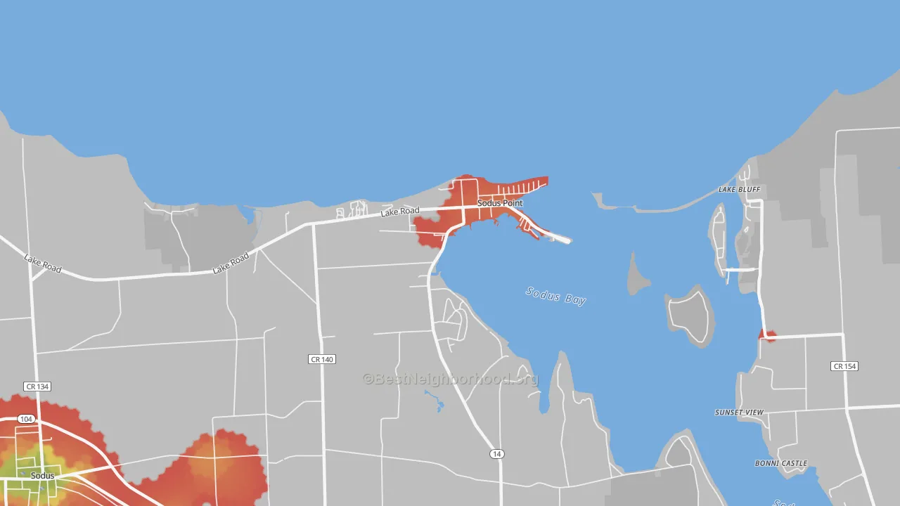 Walk Grade map of 14555, NY, walkable areas in green and car-dependent areas in red