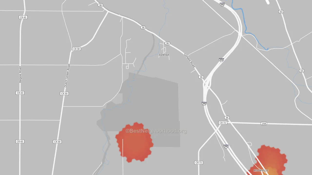 Walk Grade map of 14556, NY, walkable areas in green and car-dependent areas in red