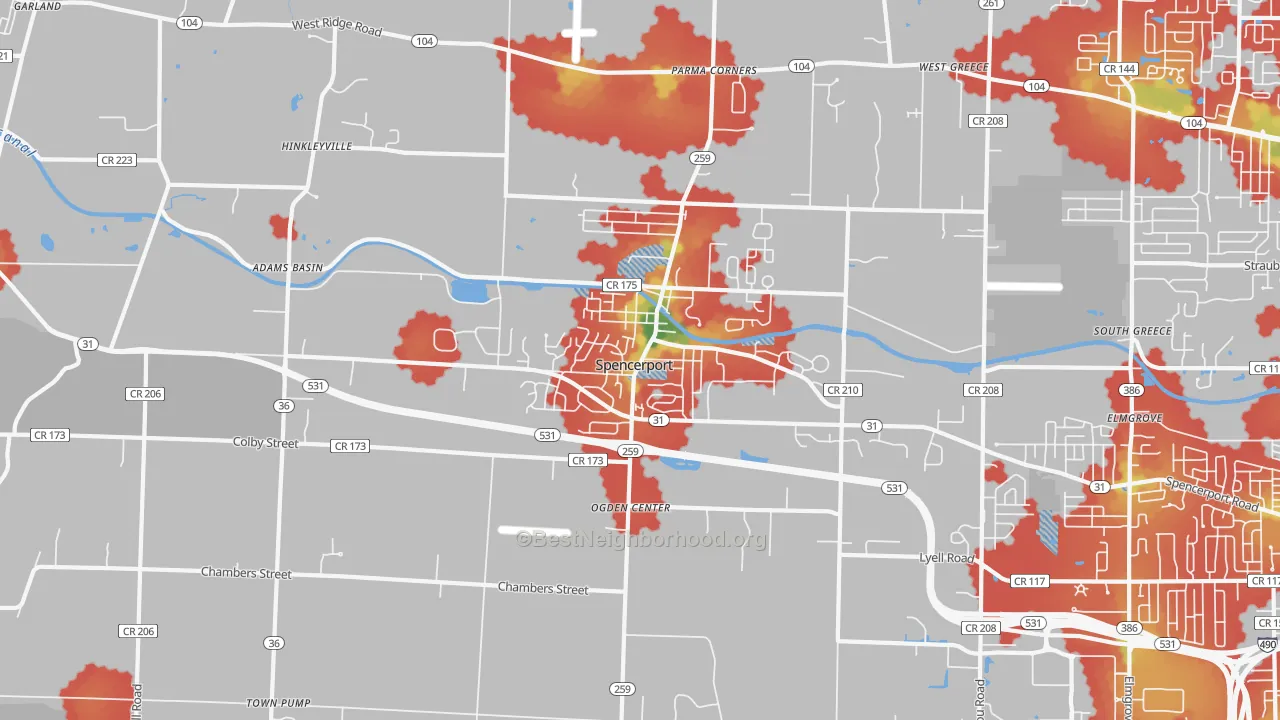 Walk Grade map of 14559, NY, walkable areas in green and car-dependent areas in red