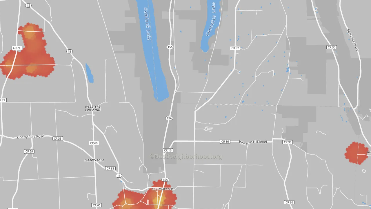 Walk Grade map of 14560, NY, walkable areas in green and car-dependent areas in red
