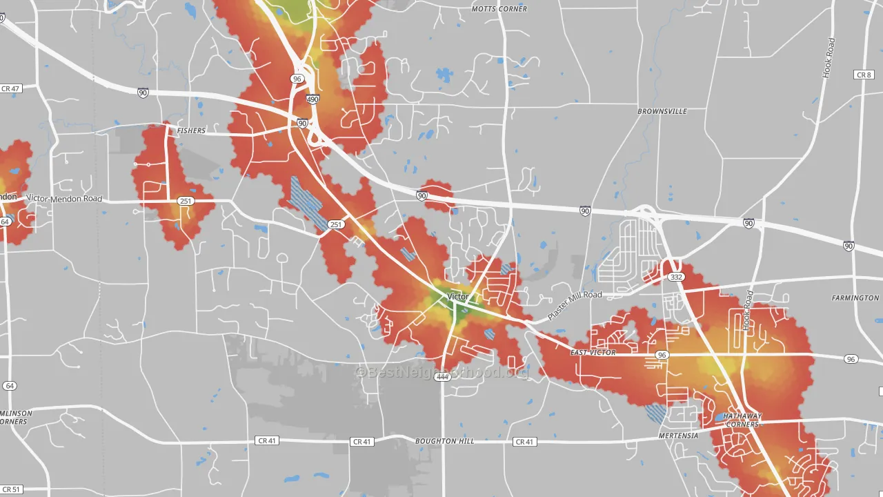 Walk Grade map of 14564, NY, walkable areas in green and car-dependent areas in red