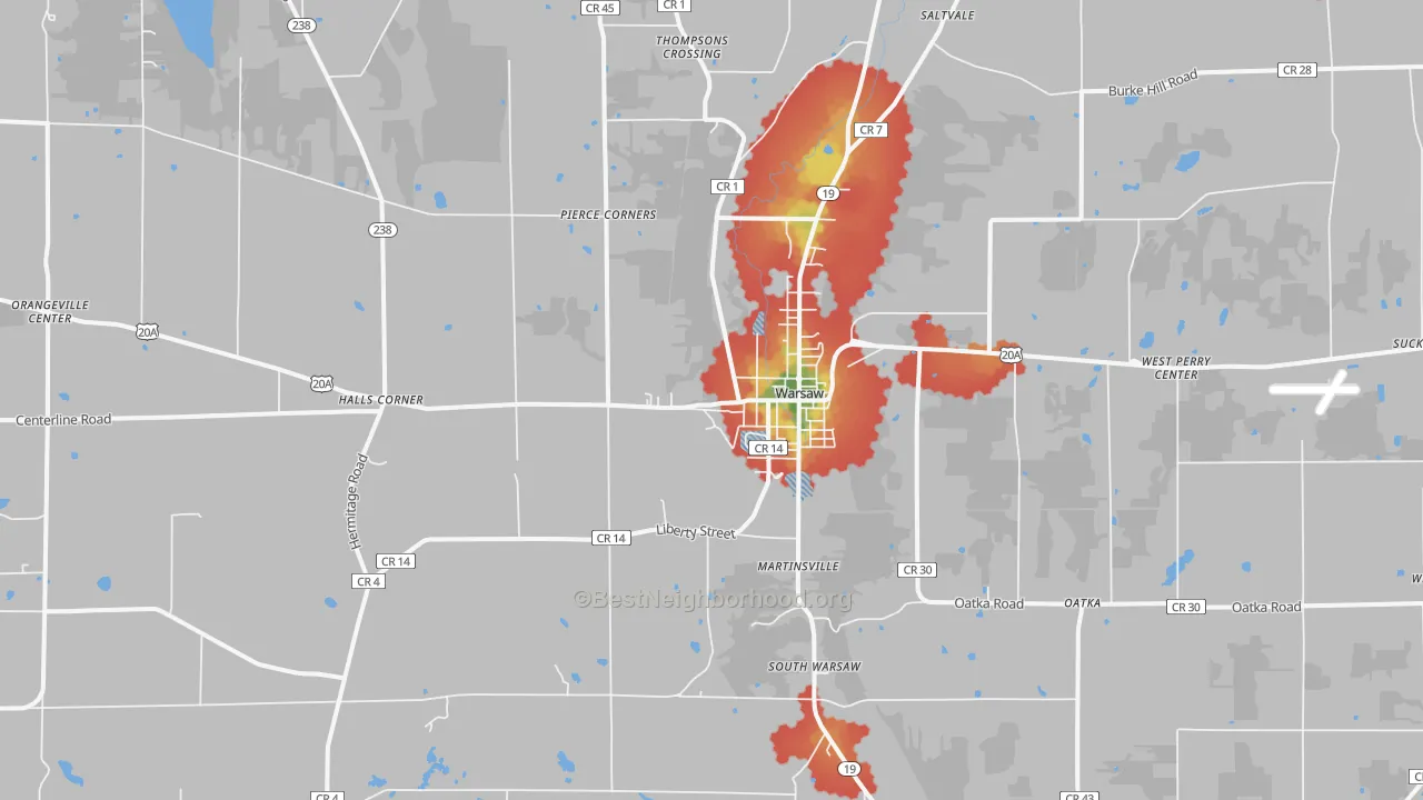 Walk Grade map of 14569, NY, walkable areas in green and car-dependent areas in red