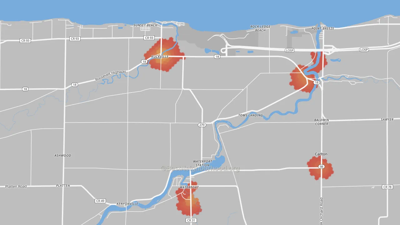 Walk Grade map of 14571, NY, walkable areas in green and car-dependent areas in red