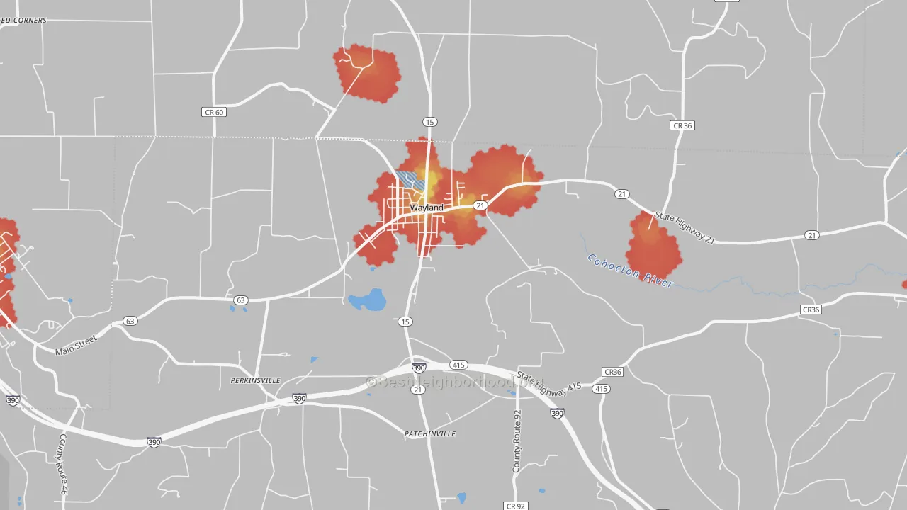 Walk Grade map of 14572, NY, walkable areas in green and car-dependent areas in red