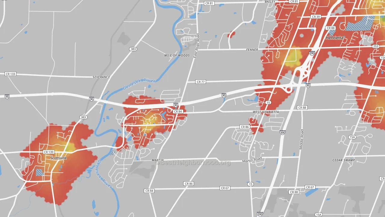 Walk Grade map of 14586, NY, walkable areas in green and car-dependent areas in red
