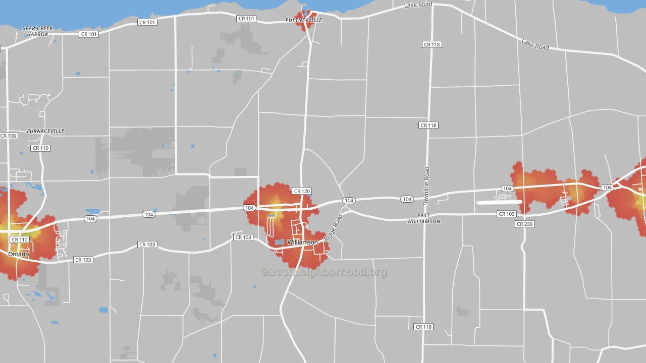 Walk Grade map of 14589, NY, walkable areas in green and car-dependent areas in red