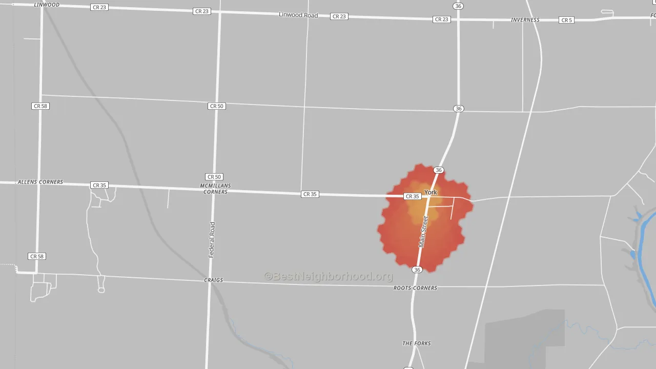 Walk Grade map of 14592, NY, walkable areas in green and car-dependent areas in red