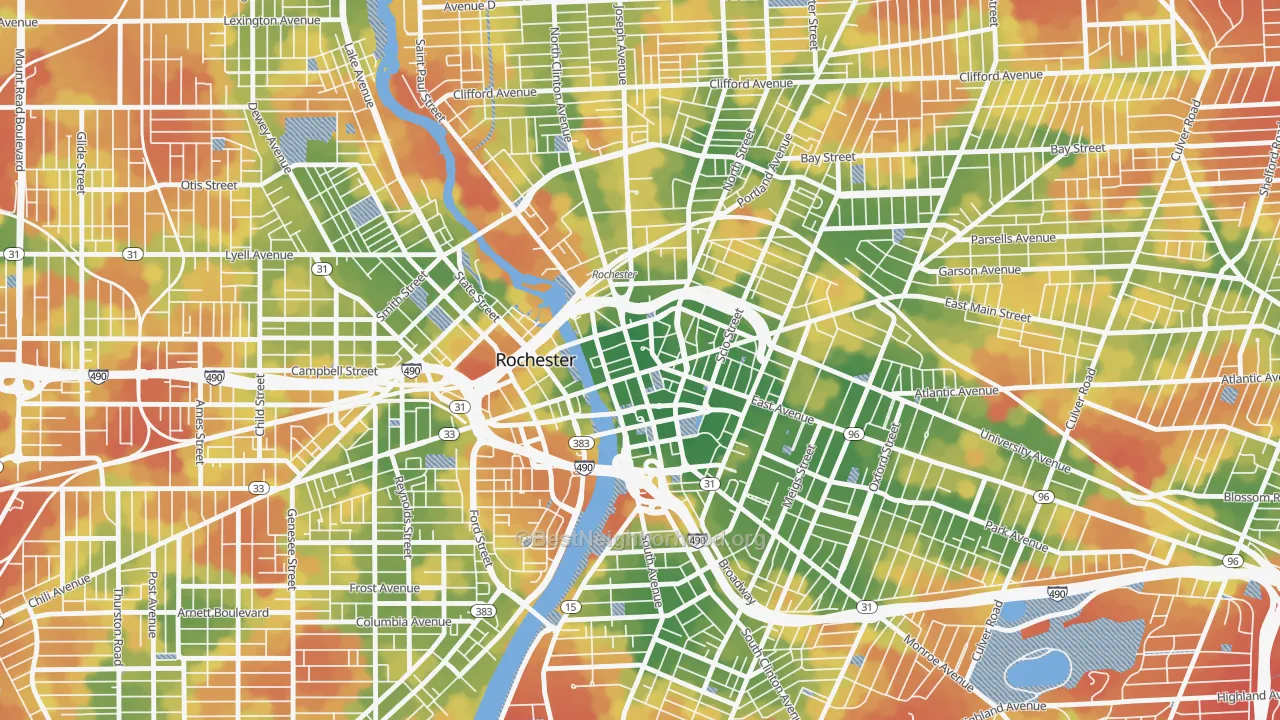 Walk Grade map of 14604, NY, walkable areas in green and car-dependent areas in red