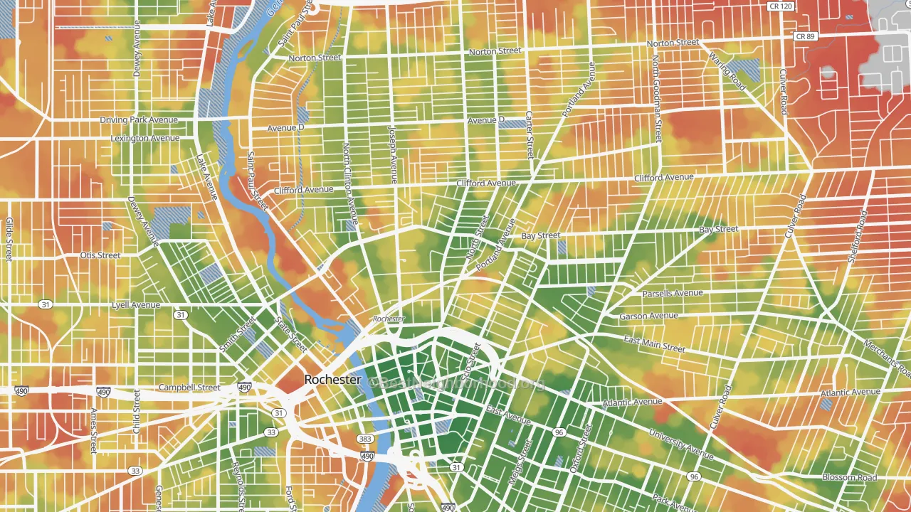 Walk Grade map of 14605, NY, walkable areas in green and car-dependent areas in red